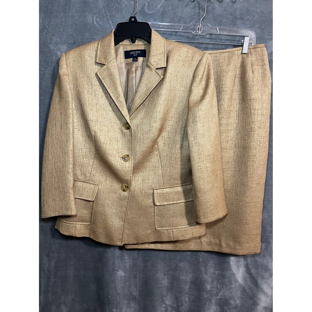 Jones Wear Gold Tan Textured Skirt Suit 12 Three Quarter Sleeve Blazer